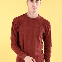 the indian garage co. Men Self Design Crew Neck Orange Sweater-picture-41