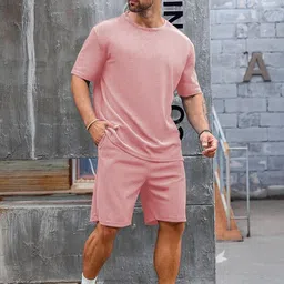 vogaan Men Top & Shorts Set Pink Solid-picture-15