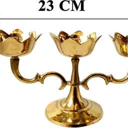 ayyappantraders Three Branch Brass Lotus Oil Lamp Brass Table Diya image 2