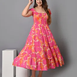 iqraar Women Fit and Flare Beige, Pink, Orange Midi/Calf Length Dress-picture-17