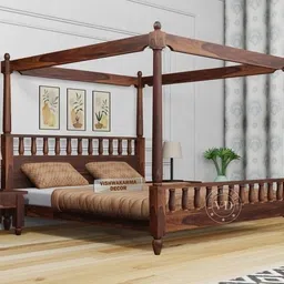 VISHWAKARMA DECOR Poster Bed King Size | Solid Wood Poster Bed Cot Wooden Double Bed Furniture for Bedroom Home and Hotel | Wooden Palang Divan (Honey Finish) image 1