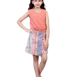 Nottie Planet Girls Peach-Coloured & Grey Printed Sleeveless Top With Skirt-picture-40