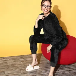 Sweet Dreams Women Black Solid Plush Lush Night Suit-image-43