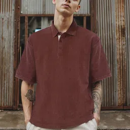 Bewakoof Heavy Duty Men Brown Self Design Oversized Acid Wash Polo Collar T-shirt image 1