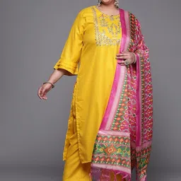 Sztori Plus Size Yoke Design Pure Cotton Kurta With Trousers & Dupatta-picture-18