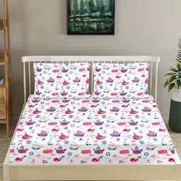 Trance Home Linen Pink & White 180 TC Cotton Fitted King Bedsheet with 2 Pillow Covers-picture-33
