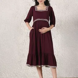 Secret Wish Women Puff Sleeve Maternity Fit & Flare Midi Dress-picture-18