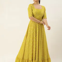 Ethnovog Embellished Embroidered Sweetheart Neck Tiered Georgette Gown-image-0