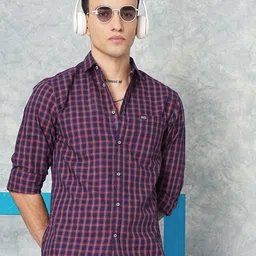 The Indian Garage Co Men Navy Blue & Red Slim Fit Checked Casual Shirt-image-61