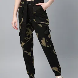 STREET 9 Women Olive Green & Brown Camouflage Print Cargos-image-53