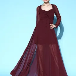 Berrylush Maroon Swiss Dot Tied Dobby Georgette Mesh Maxi Dress-picture-23
