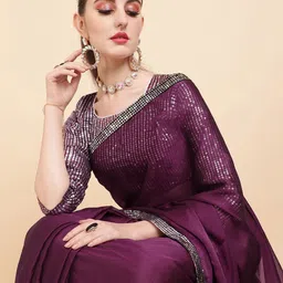 Sangria Burgundy & Silver-Toned Silk Blend Saree with Ruffles-image-68