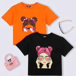 HERE&NOW Girls Pack Of 2 Graphic Printed Boxy Pure Cotton T-shirts-picture-17