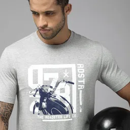 Roadster Men Grey Melange & White Biker Printed Pure Cotton T-shirt-picture-23