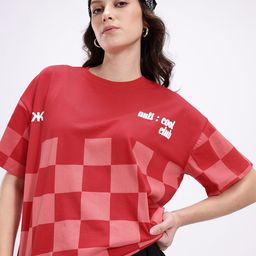 Kook N Keech Checked Pure Cotton Drop-Shoulder Sleeves Oversized T-shirt-picture-3