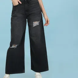 Flying Machine Women Black Wide Leg High-Rise Mildly Distressed Light Fade Stretchable Jeans-picture-16