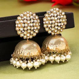Yellow Chimes Gold-Plated Kundan Pearls Contemporary Jhumkas Earrings-picture-48