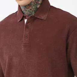 Bewakoof Heavy Duty Men Brown Self Design Oversized Acid Wash Polo Collar T-shirt image 5