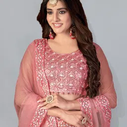 Kvsfab Pink Embroidered Sequinned Semi-Stitched Lehenga & Unstitched Blouse With Dupatta image 3
