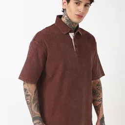 Bewakoof Heavy Duty Men Brown Self Design Oversized Acid Wash Polo Collar T-shirt image 4
