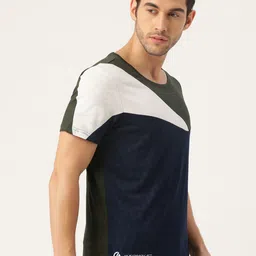 ACTOHOLIC Men Navy & Olive Green Colourblocked Round Neck T-shirt image 4
