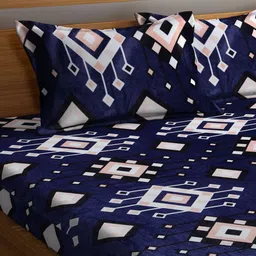 KLOTTHE Blue Geometric Printed 300TC Fitted Wool Double Bedsheet With 2 Pillow Covers image 3