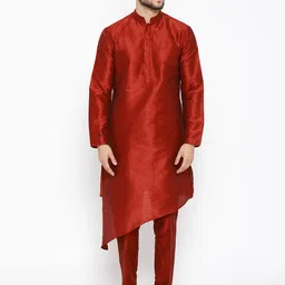 SG RAJASAHAB Men Maroon & Navy Blue Solid Kurta with Trousers & Ethnic Jacket image 3