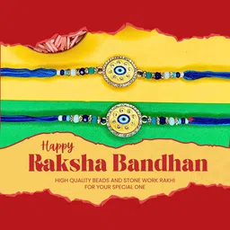 MANSIYAORANGE Set Of 2 Evil Eye Cotton Thread With AD Stones & Meenakar Rakhi image 2