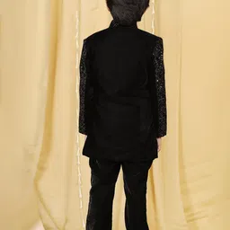 Aj DEZInES Boys Black Embroidered Velvet Sherwani With Trouser image 3