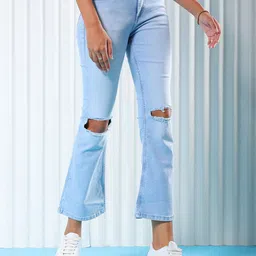 Freehand by The Indian Garage Co Women Blue Bootcut High-Rise Mildly Distressed Stretchable Jeans-picture-36