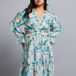 Globus Gloplus Floral V-Neck Bishop Sleeves Cut-Out Tiered Fit & Flare Plus Size Dress image 5