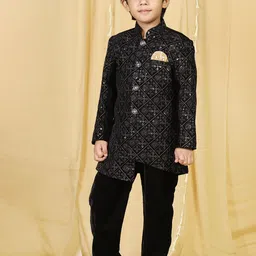 Aj DEZInES Boys Black Embroidered Velvet Sherwani With Trouser image 4