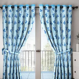 Cortina Blue & White 2 Pieces Leaf Printed Door Curtains-picture-17