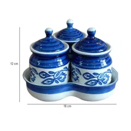 niyara Blue Ceramic 300 ml 3 Pcs Condiments Jars with Tray image 4