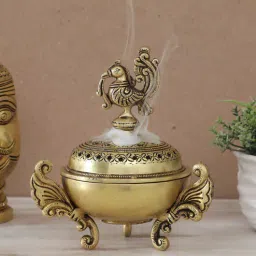 rhapsodically made Peacock Dhuni Gold Brass Incense Holders-picture-22