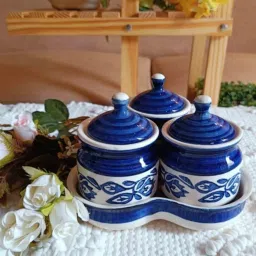 niyara Blue Ceramic 300 ml 3 Pcs Condiments Jars with Tray image 1
