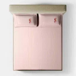 platina india Pink Stripped Bedsheet With Solid, Embroidery Pillows 800 Tc Cotton King Sized Double Bedsheet With 2 Pillow Covers image 2