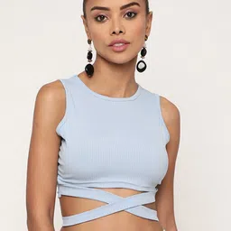 Sugathari Women Blue Ribbed Tank Crop Top-picture-36