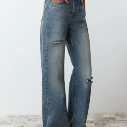 Trendyol Women Low Distress Heavy Fade Pure Cotton Jeans-image-41