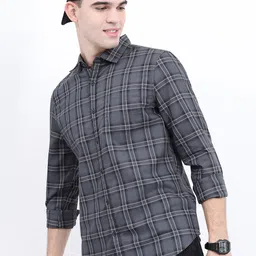 HIGHLANDER Men Slim Fit Windowpane Checks Casual Cotton Shirt-picture-10