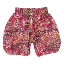 Fashionable Girls Pink Ethnic Motifs Printed Loose Fit Balloon Shorts With Brooch Detail-image-88