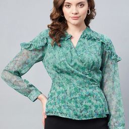 RARE Green Floral Print Mandarin Collar Ruffles Chiffon Wrap Top-picture-13