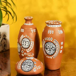 AAKRITI ART CREATIONS Brown & White 3-Pieces Printed Terracotta Vases image 1