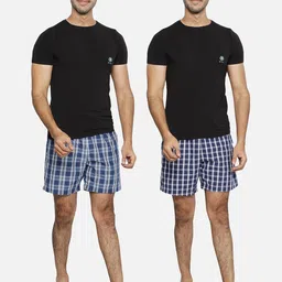 BStories Men Pack Of 2 Navy Blue & White Checked Pure Cotton Lounge Shorts image 2