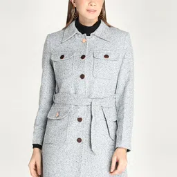 HONNETE Women Blue Self Design Coats-picture-30