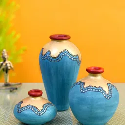 AAKRITI ART CREATIONS  Turquoise Blue 3-Pieces Glaze Printed Vases-picture-28