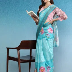 Silk Land Floral Printed Zari Banarasi Saree-image-91