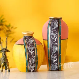 AAKRITI ART CREATIONS Earthen 2 Pcs Yellow & Pink Printed Terracotta Vases-picture-26