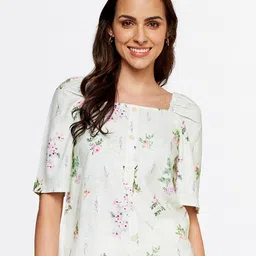 AND Green Floral Printed Round Neck Linen Top-picture-20