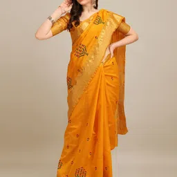 RAJGRANTH Mustard Yellow & Red Floral Embroidered Silk Cotton Designer Saree-image-28